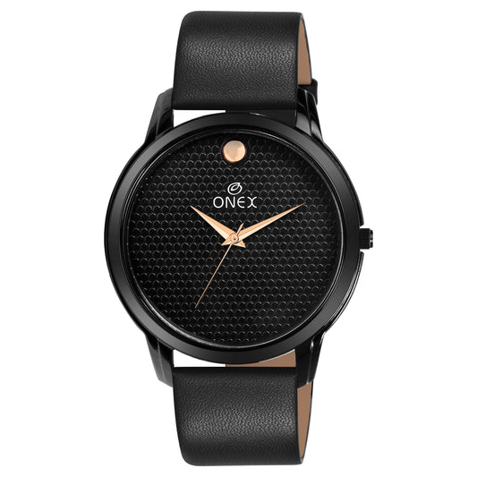 ONEX Men’s Analog Watch | Black Textured Dial with Rose Gold Hands | Premium Black Strap | Stylish Casual & Formal Wrist Watch
