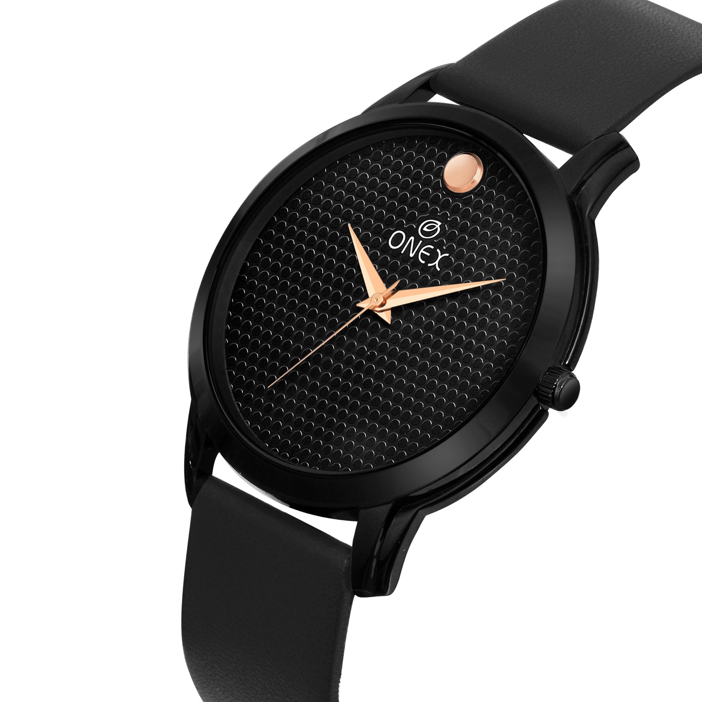 ONEX Men’s Analog Watch | Black Textured Dial with Rose Gold Hands | Premium Black Strap | Stylish Casual & Formal Wrist Watch