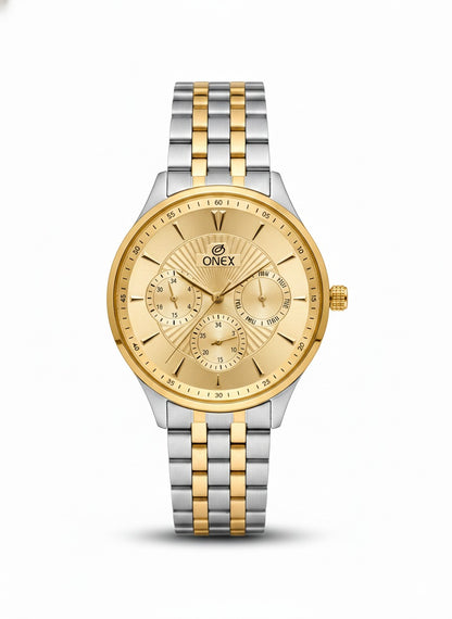 ONEX Men's Premium Multifunction Analog Watch for Men | Gold Sunray Dial | Two-Tone Stainless Steel Bracelet | Quartz Movement | Stylish Casual & Formal Wrist Watch