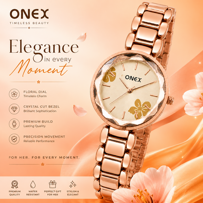 ONEX Women's Rose Gold Analog Watch | Floral Sunray RoseGold Dial | Premium Bracelet Strap | Quartz Movement | Elegant Dress Watch