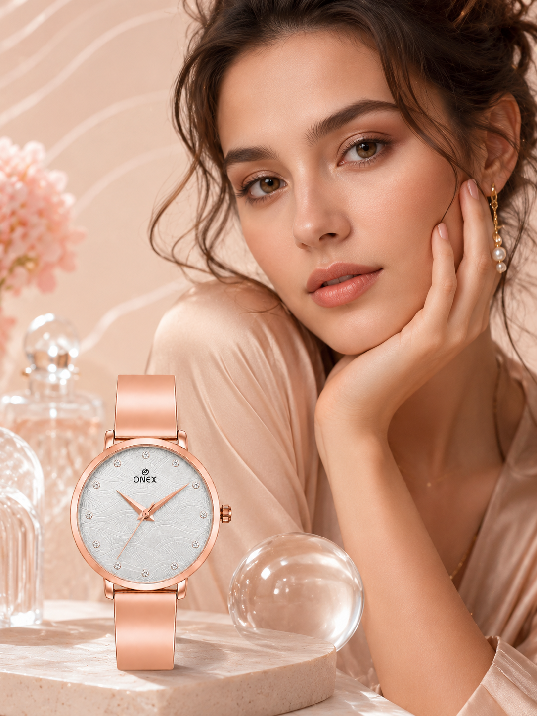 ONEX Women's Rose Gold Stainless Steel Analog Watch | Textured Silver Dial with Crystal Hour Markers | Elegant Bracelet Strap | Fashion Wrist Watch for Women