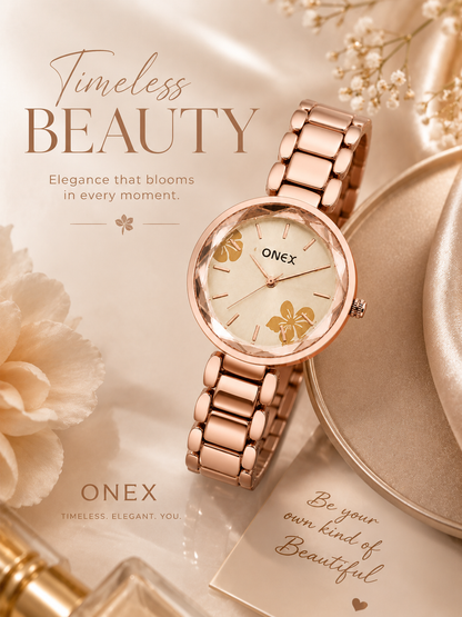 ONEX Women's Rose Gold Analog Watch | Floral Sunray RoseGold Dial | Premium Bracelet Strap | Quartz Movement | Elegant Dress Watch