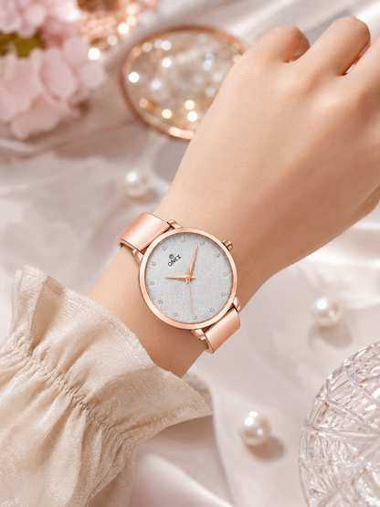 ONEX Women's Rose Gold Stainless Steel Analog Watch | Textured Silver Dial with Crystal Hour Markers | Elegant Bracelet Strap | Fashion Wrist Watch for Women