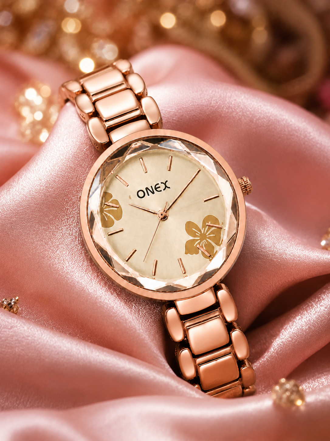 ONEX Women's Rose Gold Analog Watch | Floral Sunray RoseGold Dial | Premium Bracelet Strap | Quartz Movement | Elegant Dress Watch