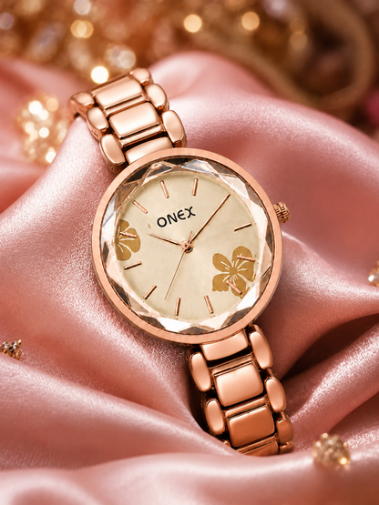 ONEX Women's Rose Gold Analog Watch | Floral Sunray RoseGold Dial | Premium Bracelet Strap | Quartz Movement | Elegant Dress Watch