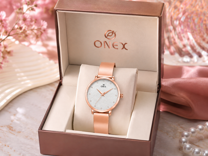 ONEX Women's Rose Gold Stainless Steel Analog Watch | Textured Silver Dial with Crystal Hour Markers | Elegant Bracelet Strap | Fashion Wrist Watch for Women
