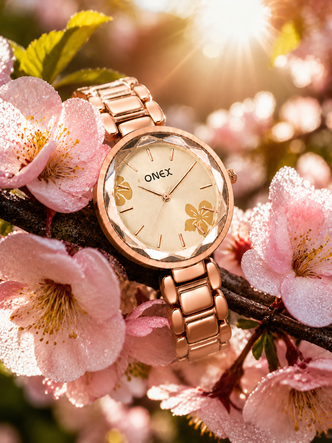 ONEX Women's Rose Gold Analog Watch | Floral Sunray RoseGold Dial | Premium Bracelet Strap | Quartz Movement | Elegant Dress Watch