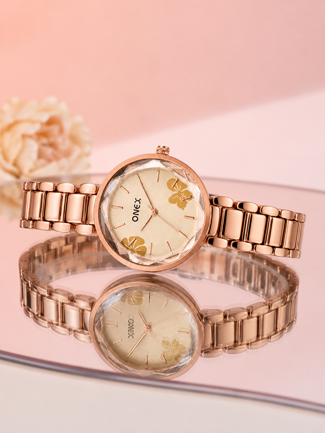 ONEX Women's Rose Gold Analog Watch | Floral Sunray RoseGold Dial | Premium Bracelet Strap | Quartz Movement | Elegant Dress Watch