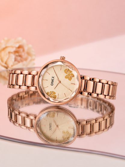 ONEX Women's Rose Gold Analog Watch | Floral Sunray RoseGold Dial | Premium Bracelet Strap | Quartz Movement | Elegant Dress Watch