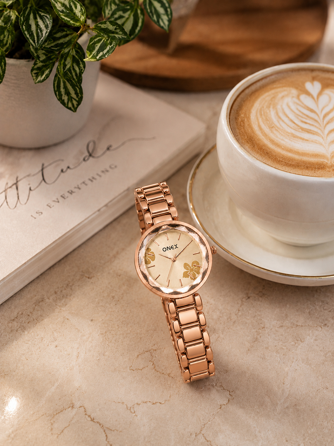 ONEX Women's Rose Gold Analog Watch | Floral Sunray RoseGold Dial | Premium Bracelet Strap | Quartz Movement | Elegant Dress Watch