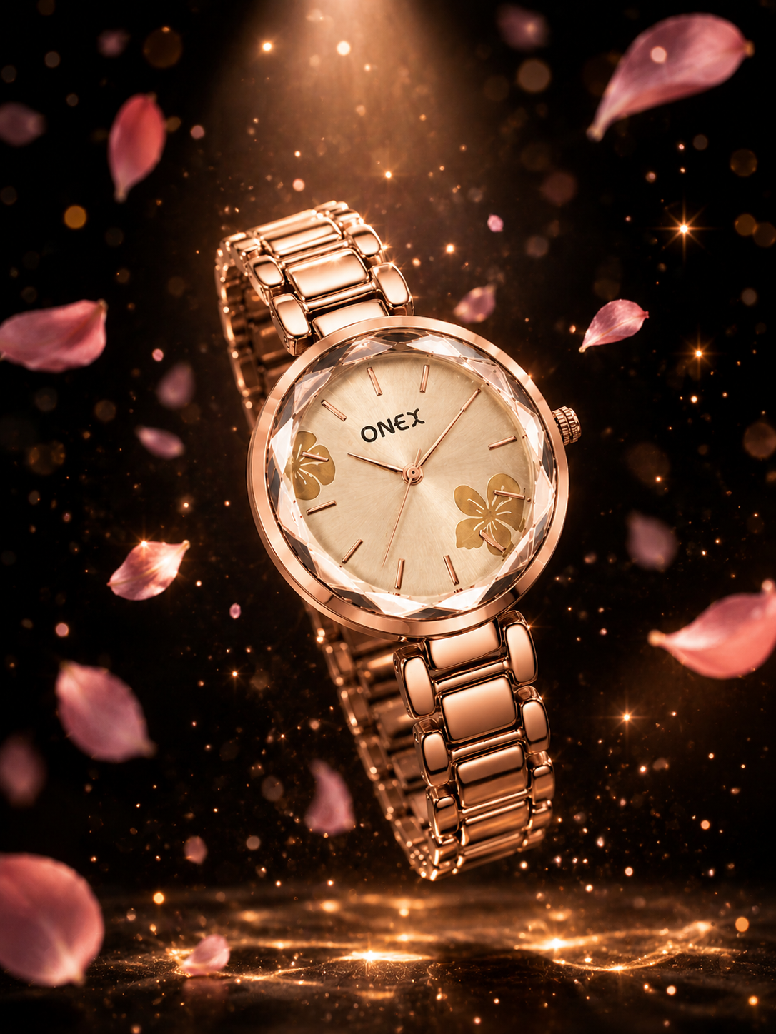 ONEX Women's Rose Gold Analog Watch | Floral Sunray RoseGold Dial | Premium Bracelet Strap | Quartz Movement | Elegant Dress Watch