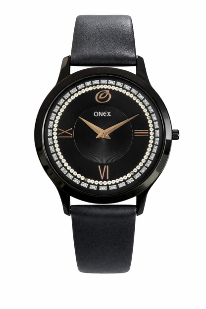 ONEX Men’s Analog Watch with Black Dial, Crystal Studded Bezel & Black Leather Strap – Stylish Casual & Formal Wrist Watch for Men