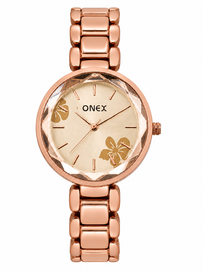 ONEX Women's Rose Gold Analog Watch | Floral Sunray RoseGold Dial | Premium Bracelet Strap | Quartz Movement | Elegant Dress Watch