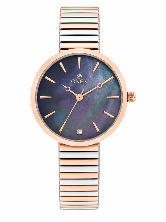 Onex Women’s Rose Gold Blue Pearl Dial Slim Bracelet Watch