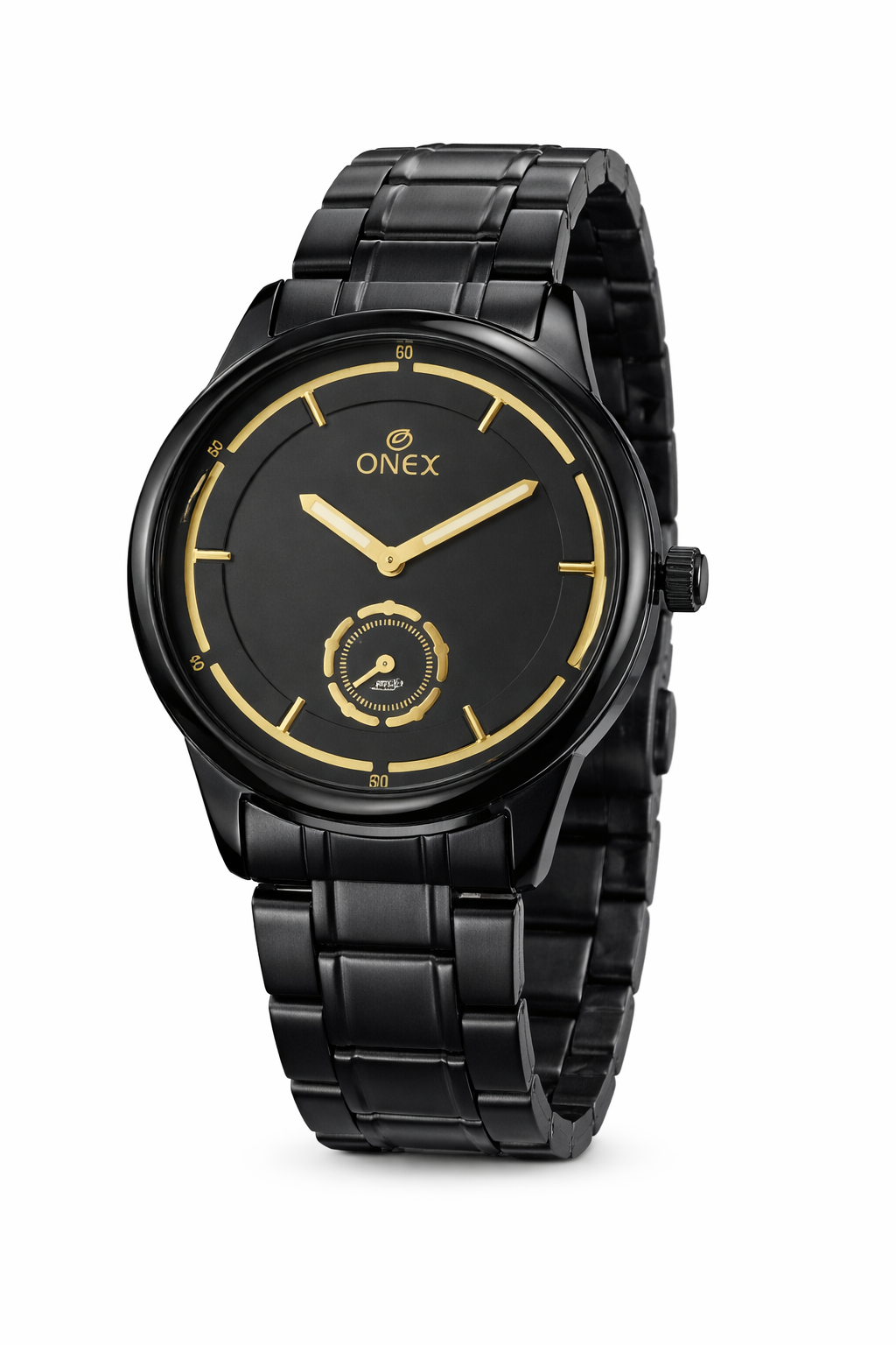 ONEX Men’s Analog Black Dial Watch with Gold Tone Markers & Stainless Steel Black Strap – Stylish Casual & Formal Watch