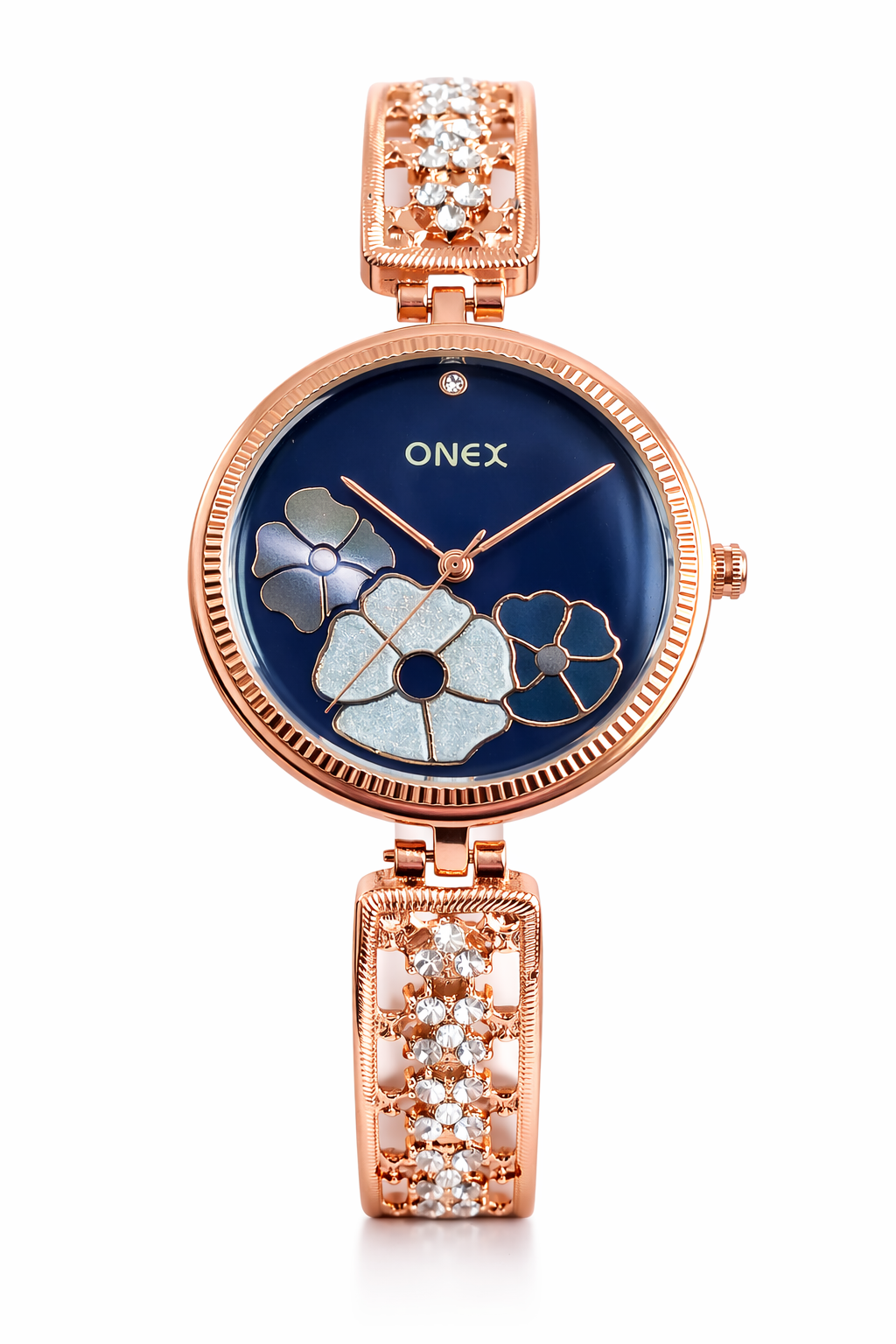 ONEX Women's Rose Gold Floral Designer Analog Watch with Navy Blue Dial & Crystal Bracelet | Premium Quartz Wrist Watch