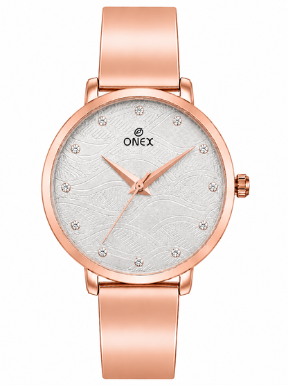 ONEX Women's Rose Gold Stainless Steel Analog Watch | Textured Silver Dial with Crystal Hour Markers | Elegant Bracelet Strap | Fashion Wrist Watch for Women