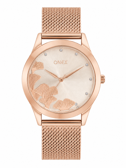ONEX Women's Rose Gold Mesh Strap Analog Watch with Crystal Hour Markers & Elegant Floral Sunray RoseGold Dial