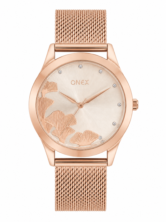 ONEX Women's Rose Gold Mesh Strap Analog Watch with Crystal Hour Markers & Elegant Floral Sunray RoseGold Dial