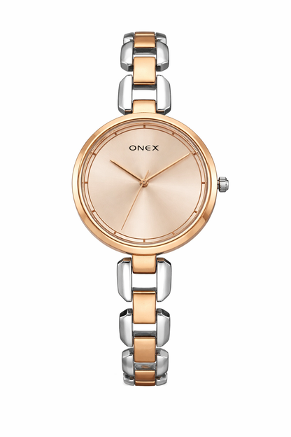 ONEX Women's Rose Gold & Silver Two-Tone Bracelet Analog Watch with Sunray RoseGold Dial | Elegant Dress Watch