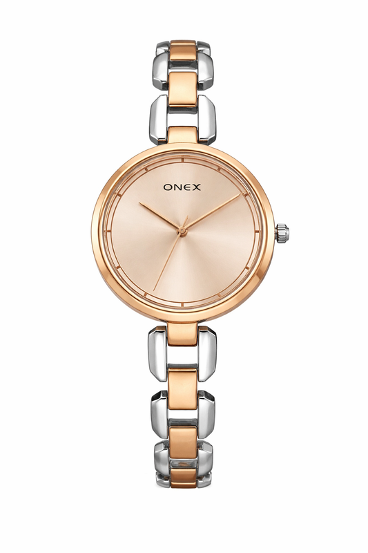 ONEX Women's Rose Gold & Silver Two-Tone Bracelet Analog Watch with Sunray RoseGold Dial | Elegant Dress Watch