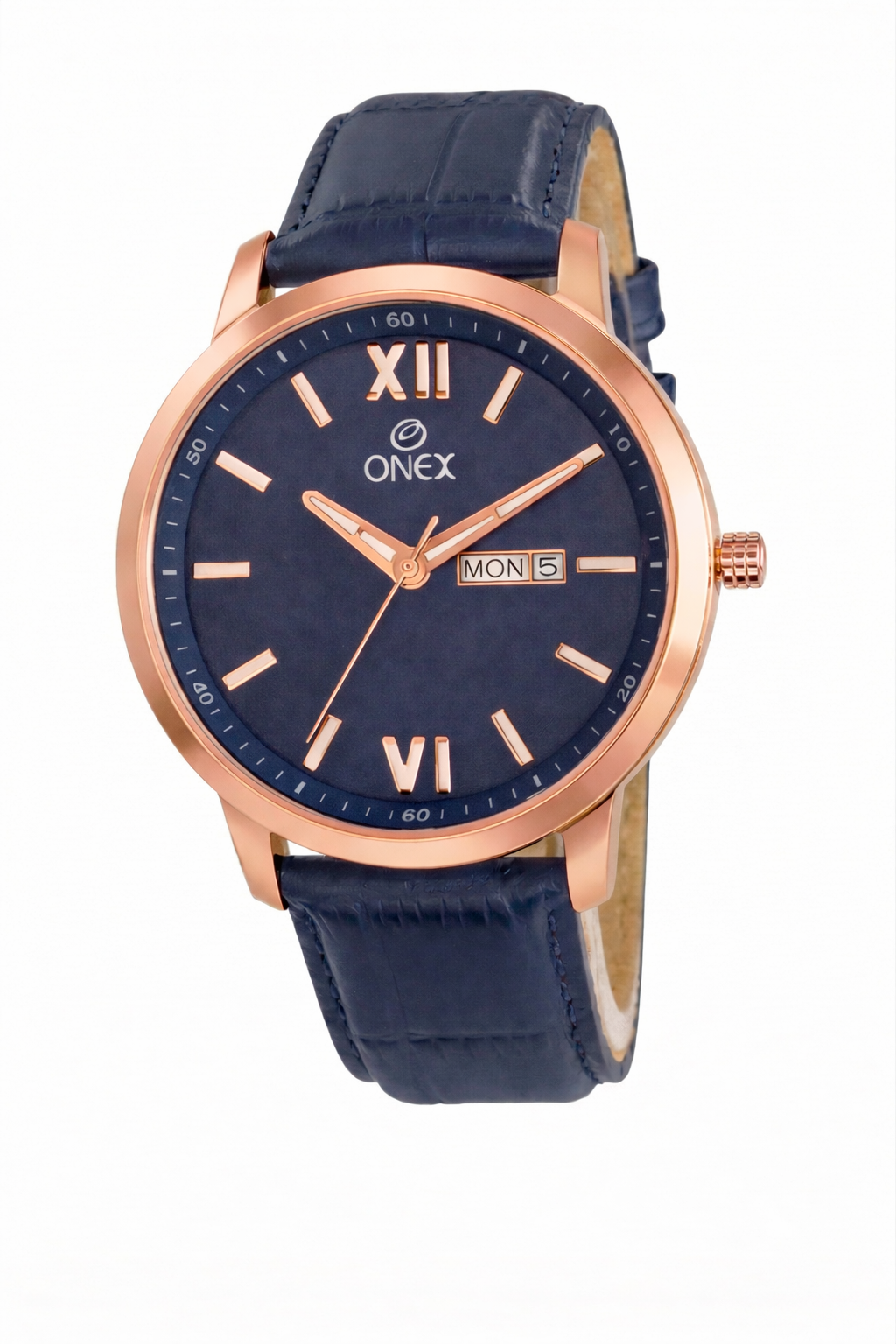 ONEX Men's Day & Date Analog Watch – Blue Dial, Rose Gold Case & Blue Leather Strap