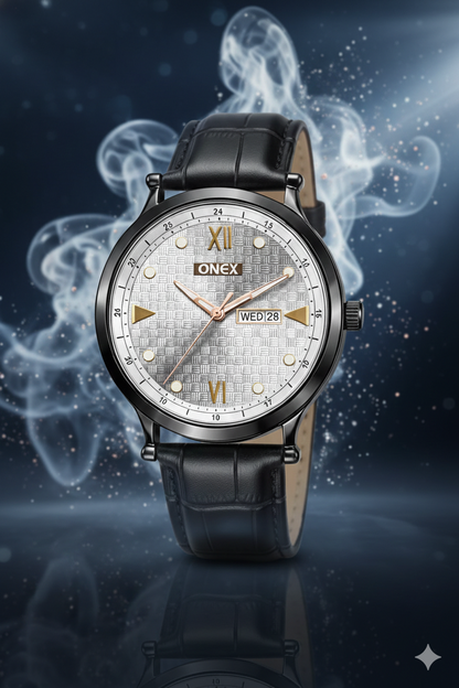 ONEX Men’s Analog Watch with Day & Date Display, Silver Textured Dial, Black Leather Strap, Roman Index – Stylish Formal Wrist Watch for Men