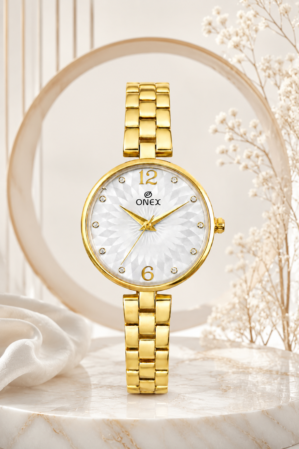ONEX Women’s Gold-Tone Designer Bracelet Watch with Crystal Studded Dial Silver