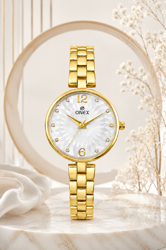 ONEX Women’s Gold-Tone Designer Bracelet Watch with Crystal Studded Dial Silver