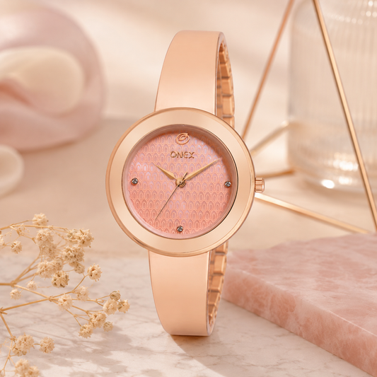 OneX Premium Rose Gold Analog Watch | Crystal-Studded Dial & Metal Bracelet
