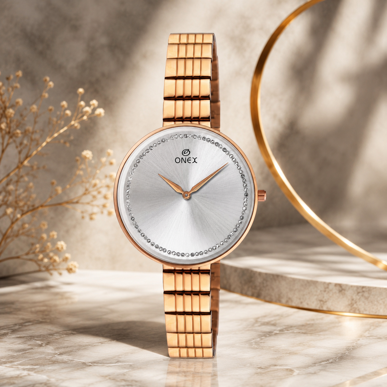 ONEX Elegant Rose Gold Women’s Watch | Silver Sunray Dial with Crystal Ring