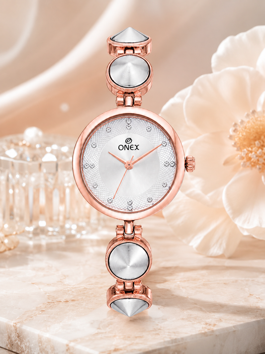 Onex Women’s Rose Gold Designer Bracelet Watch with Silver Textured Dial