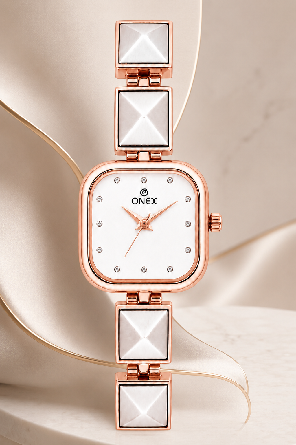 ONEX Women’s Rose Gold Square Dial Bracelet Watch with Crystal Studded White Dial