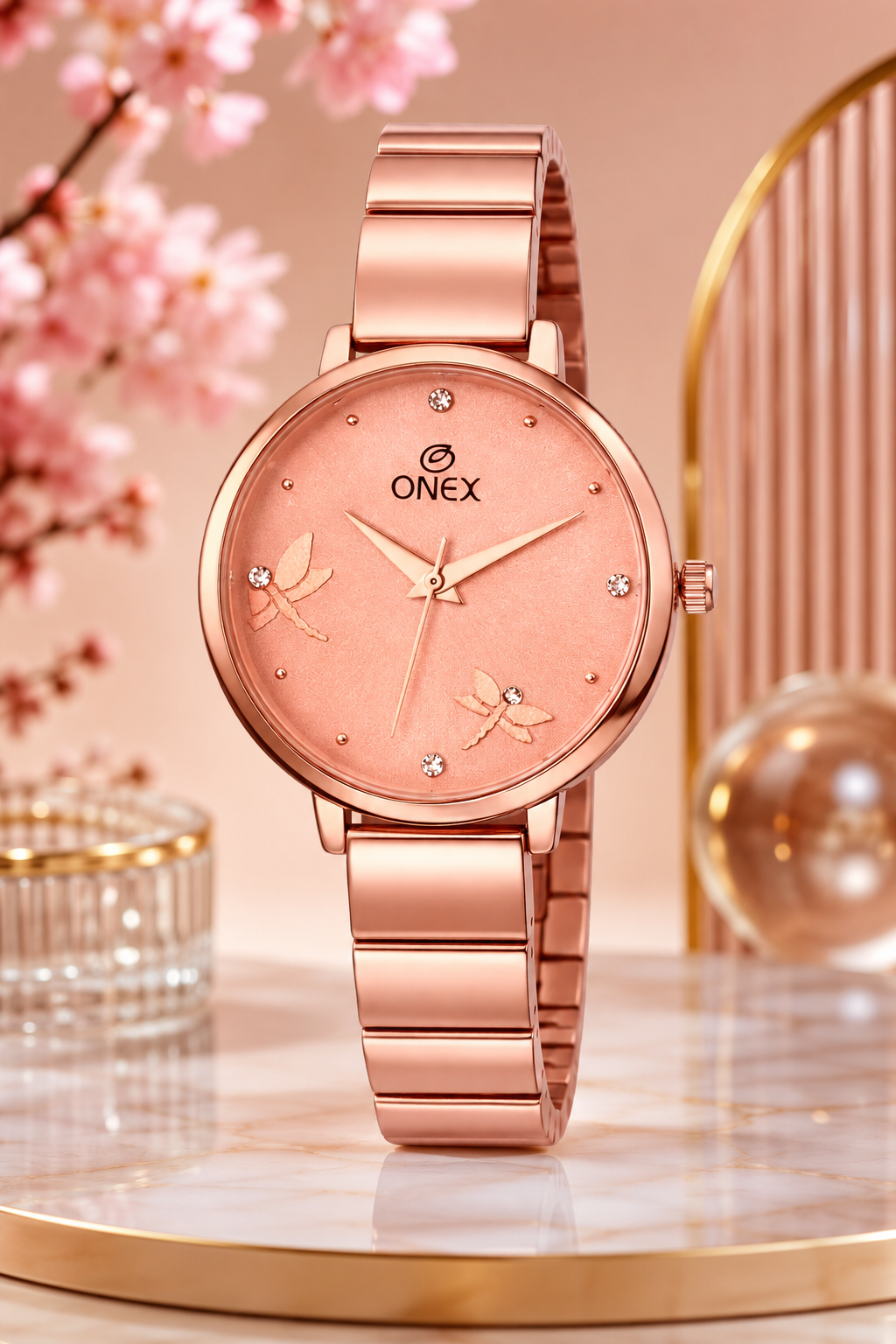Onex Women’s Rose Gold Bracelet Watch with Crystal Markers & Dragonfly Dial