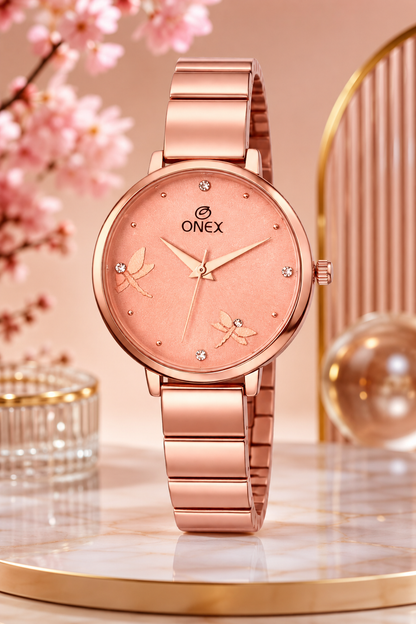 Onex Women’s Rose Gold Bracelet Watch with Crystal Markers & Dragonfly Dial