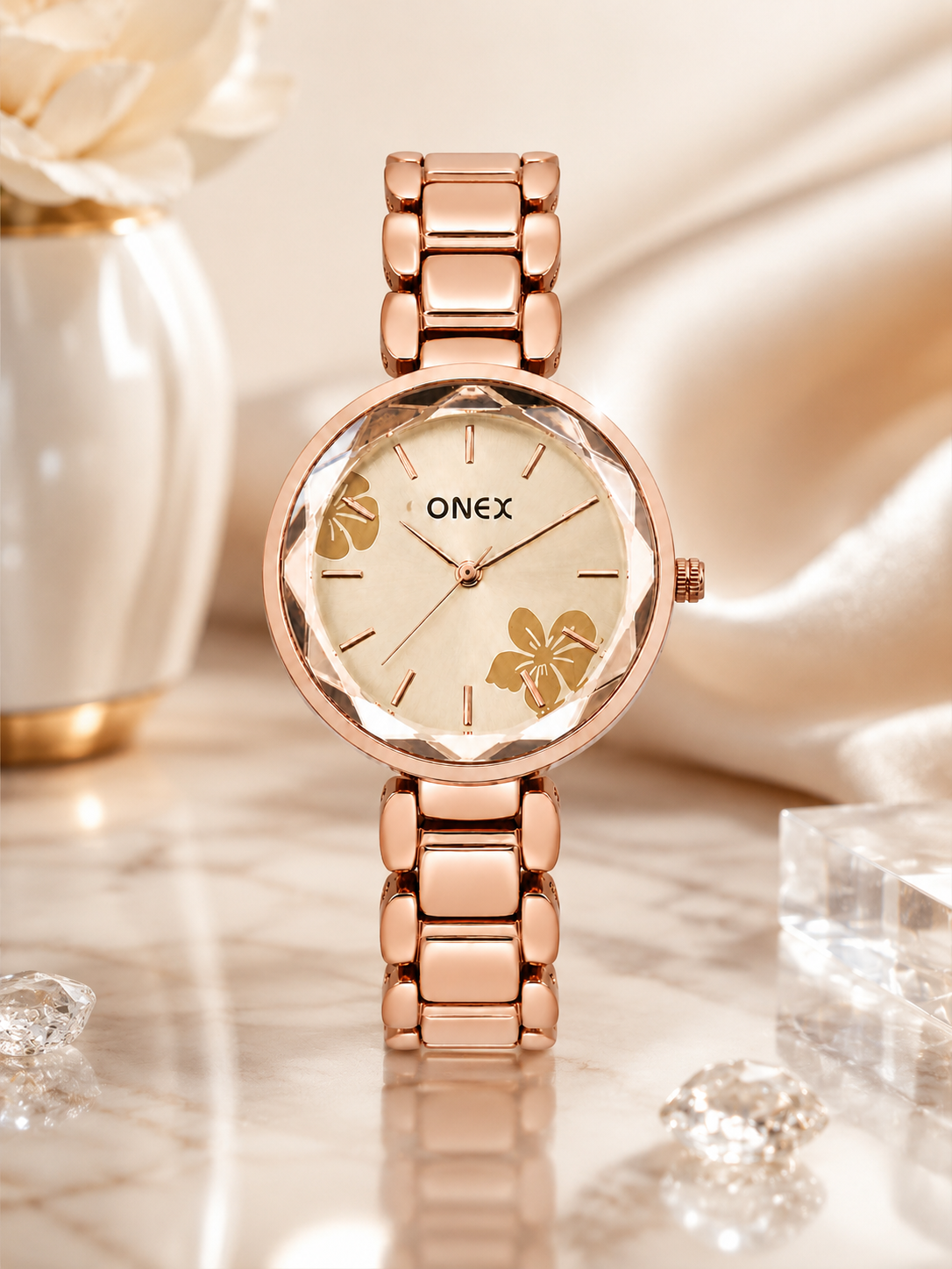ONEX Women's Rose Gold Analog Watch | Floral Sunray RoseGold Dial | Premium Bracelet Strap | Quartz Movement | Elegant Dress Watch