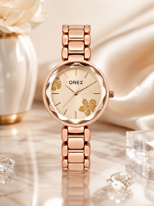 ONEX Women's Rose Gold Analog Watch | Floral Sunray RoseGold Dial | Premium Bracelet Strap | Quartz Movement | Elegant Dress Watch