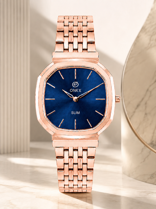 Onex Slim Rose Gold Stainless Steel Analog Watch for Women | Blue Sunray Dial | Elegant Bracelet Strap