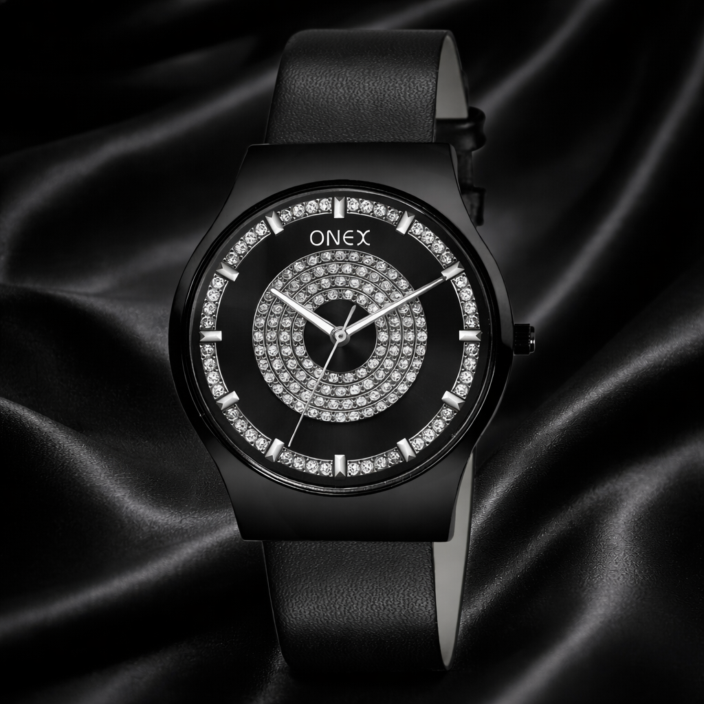 ONEX Luxury Black Dial Analog Watch with Crystal Studded Design & Black Leather Strap