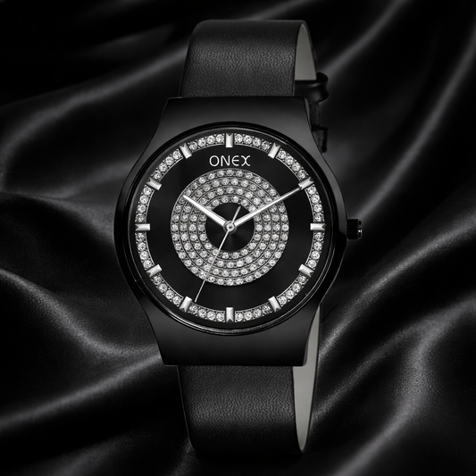 ONEX Luxury Black Dial Analog Watch with Crystal Studded Design & Black Leather Strap