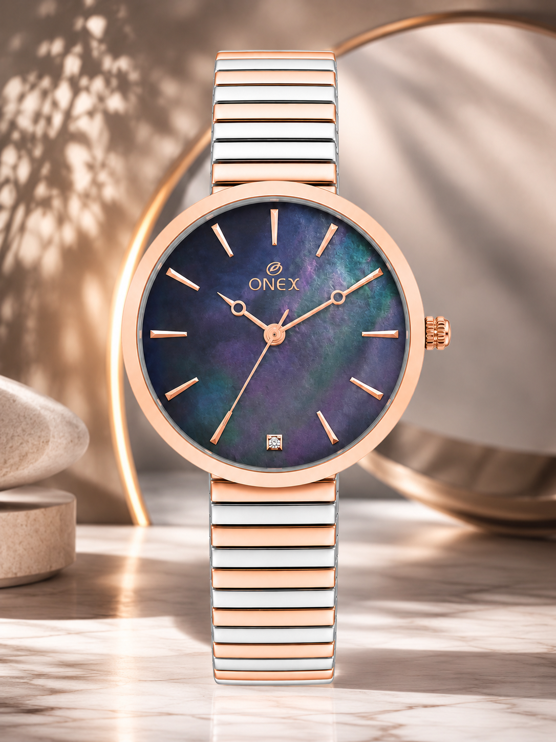 Onex Women’s Rose Gold Blue Pearl Dial Slim Bracelet Watch