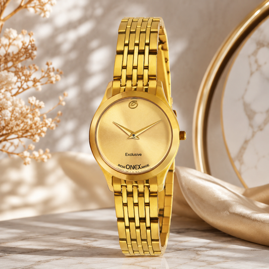 Exclusive India OneX Gold Analog Watch for Women | Premium Gold Finish Stainless Steel Strap