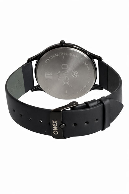 ONEX Men’s Analog Watch with Black Dial, Crystal Studded Bezel & Black Leather Strap – Stylish Casual & Formal Wrist Watch for Men