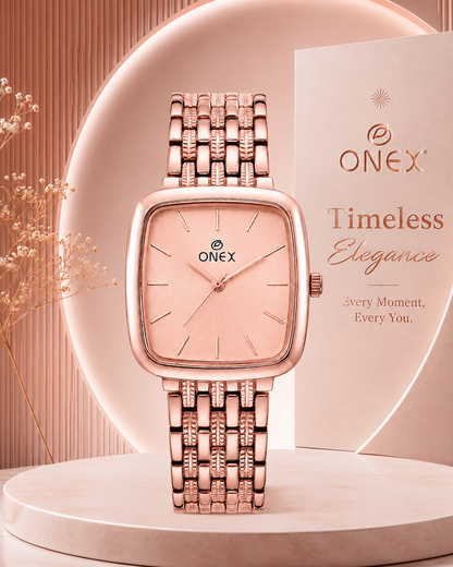 ONEX Women's Analog Rose Gold Stainless Steel Bracelet Watch | Square RoseGold Dial | Elegant Casual & Party Wear Wrist Watch for Women