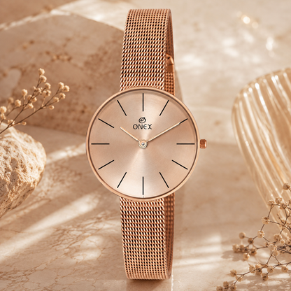ONEX Women’s Rose Gold Analog Watch with Minimalist Dial & Mesh Metal Strap