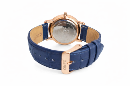 ONEX Men's Day & Date Analog Watch – Blue Dial, Rose Gold Case & Blue Leather Strap