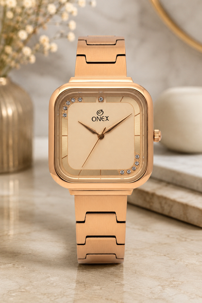 ONEX Rose Gold Square Dial Analog Watch for Women | Crystal Accent Dial | Metal Strap