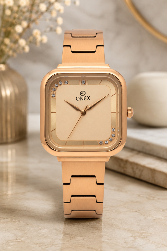 ONEX Rose Gold Square Dial Analog Watch for Women | Crystal Accent Dial | Metal Strap