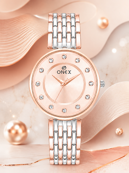 Onex Women’s Rose Gold Analog Watch with Crystal Studded Dial & Dual Tone Bracelet Strap