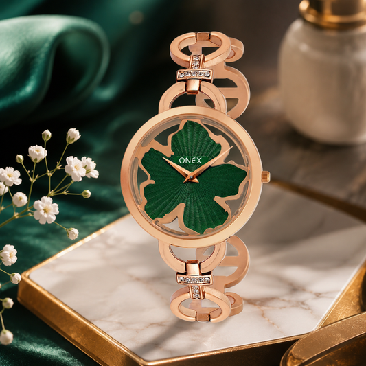 ONEX Rose Gold Women’s Bracelet Watch with Green Textured Dial & Crystal Accents